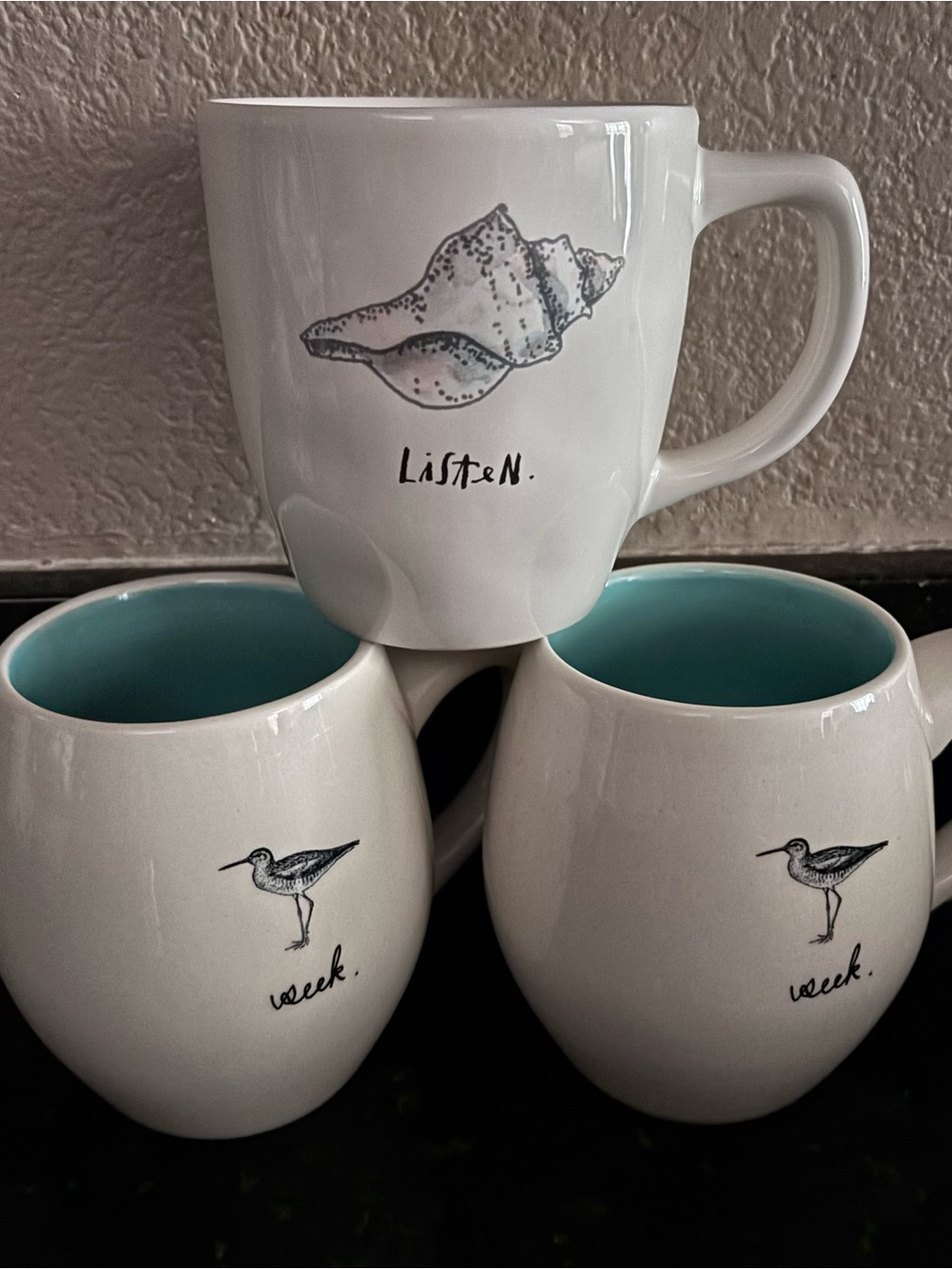 Rae Dunn White Mugs with Teal Interiors - Coastal Illustration Set